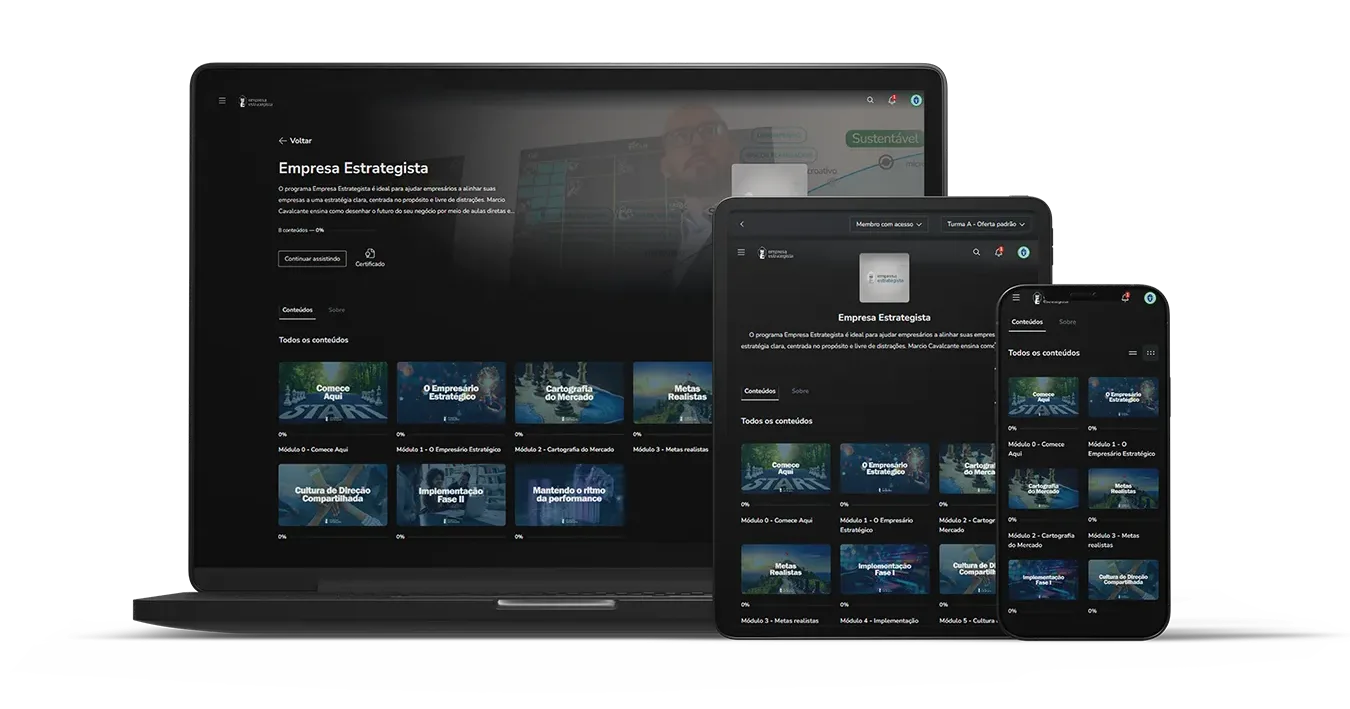 Aulas do curso Empresa Estrategista acessíveis em dispositivos móveis e desktop.