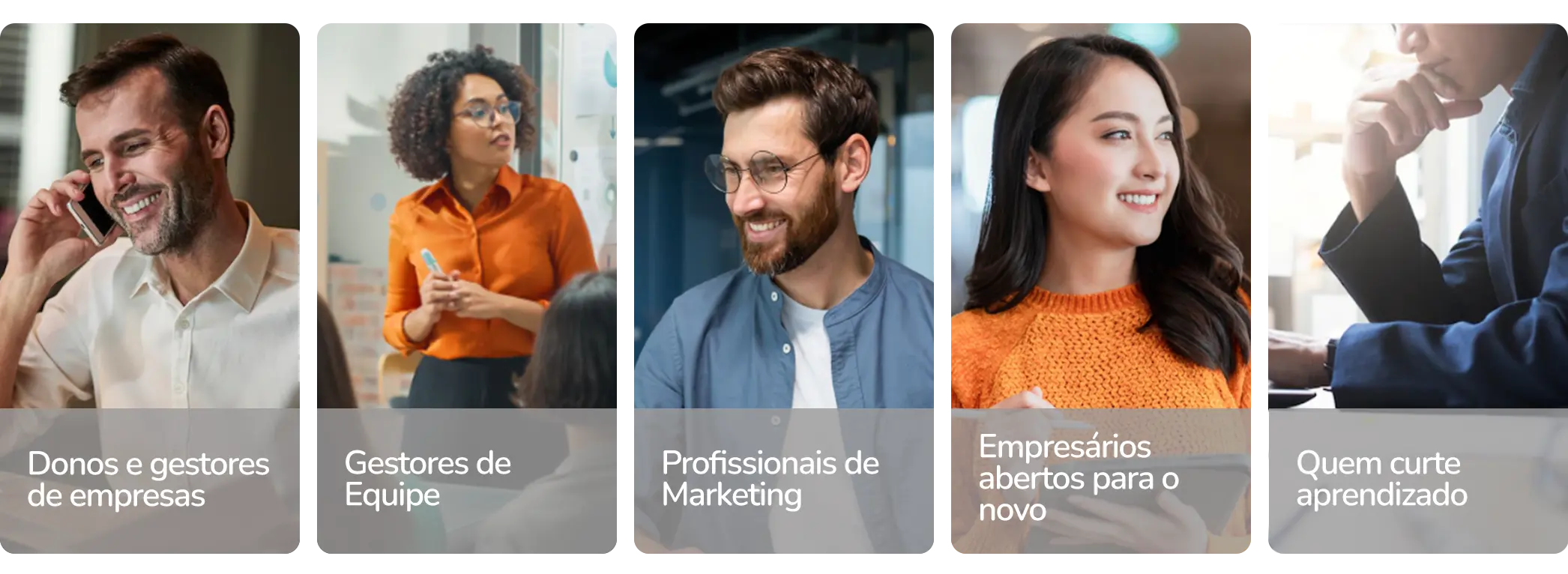 Perfis de donos de empresas, gestores, profissionais de marketing, empresários e pessoas que gostam de aprender, representando o público-alvo do curso