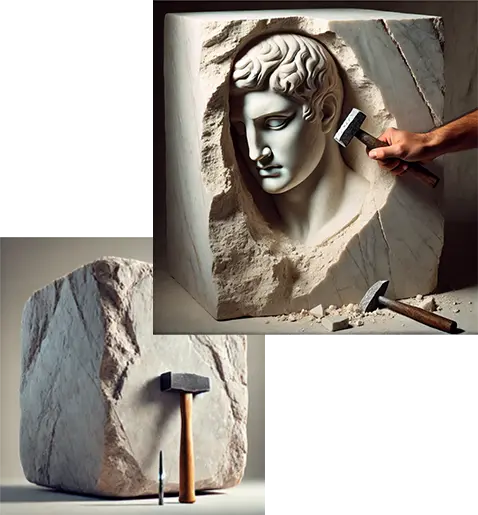 Bloco de mármore sendo esculpido, simbolizando a transformação estratégica com o Protocolo 180D.